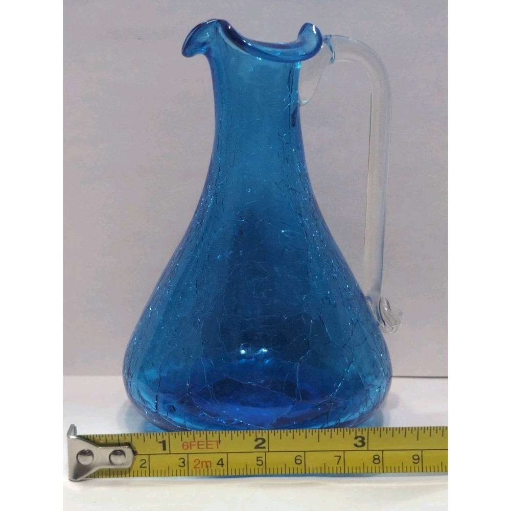 Vintage Cracked Glass Hand Blown Mini Pitchers / Bud Vases Set Of 2 Art Glass - Picture 6 of 15
